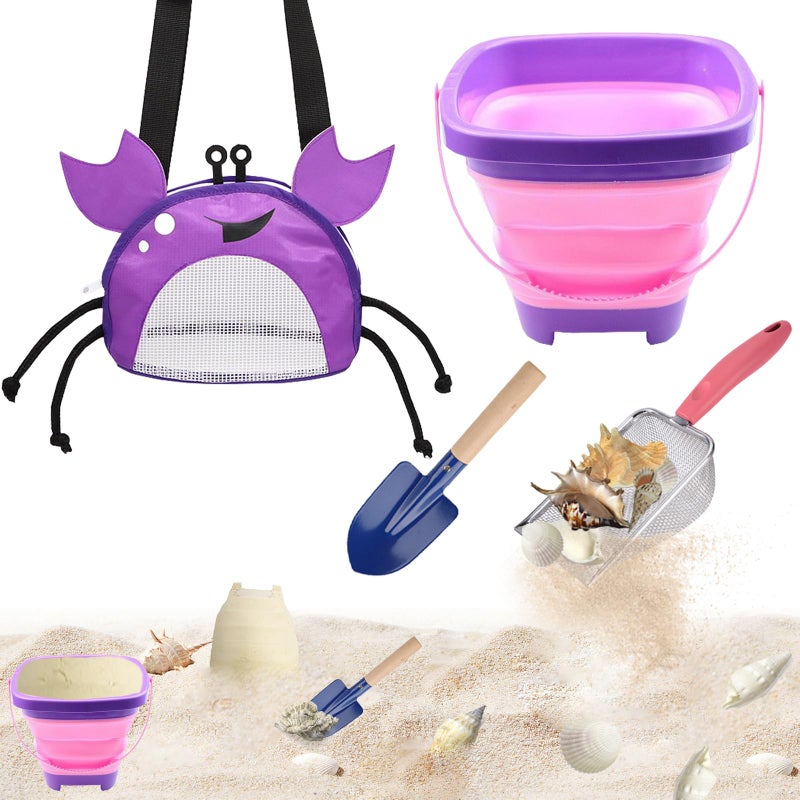 YOOLEETC 4PCS Beach Toy Mesh Shovel and Mesh Beach Bag Seashell Bag with Foldable Beach Bucket & Shovel for Sand Filter & Collect Shells (Purple Crab - Image 1